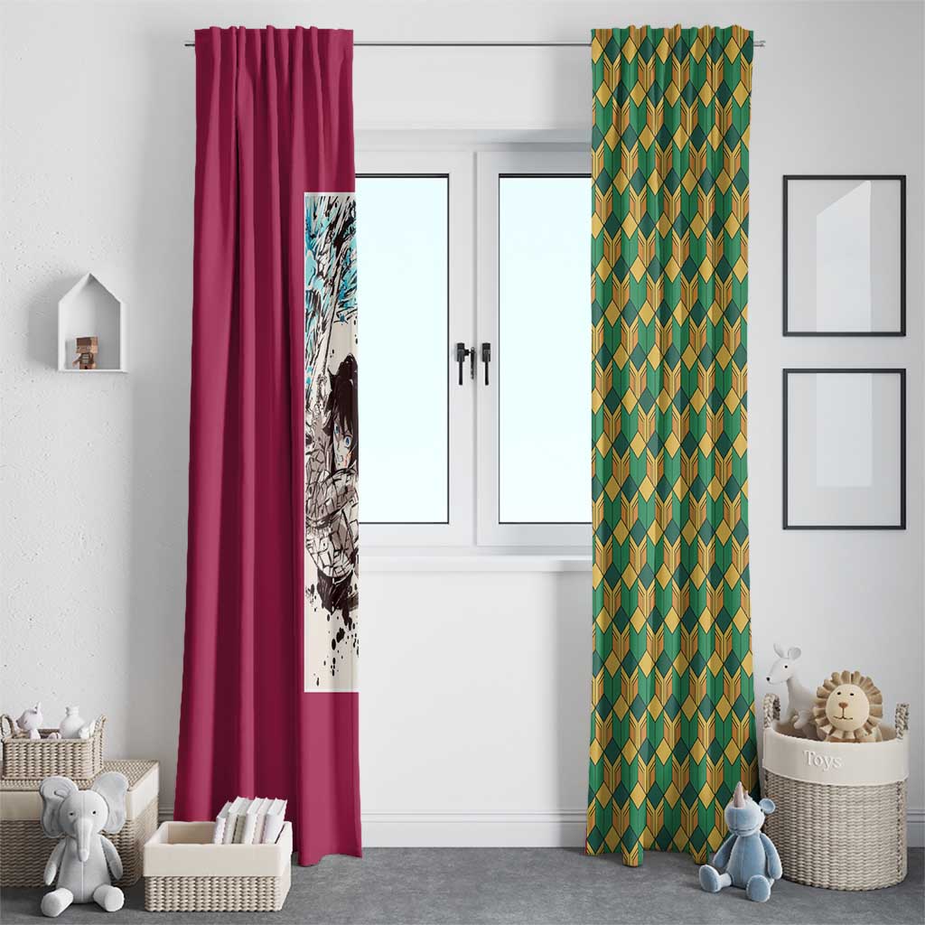 Giyu Tomioka Demon Slayer Window Curtain with Red Green Geometric Pattern and Water Breathing Anime Design - The Mazicc