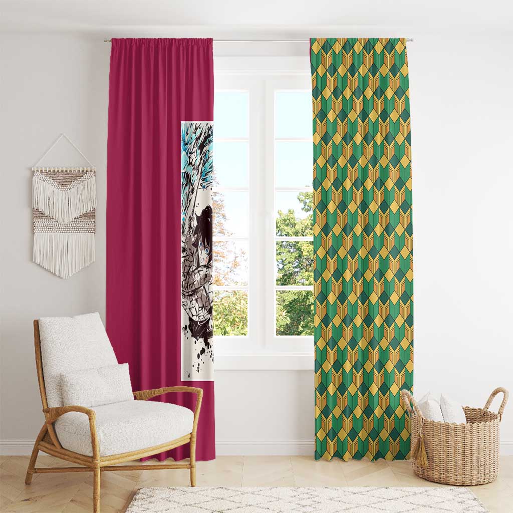 Giyu Tomioka Demon Slayer Window Curtain with Red Green Geometric Pattern and Water Breathing Anime Design - The Mazicc