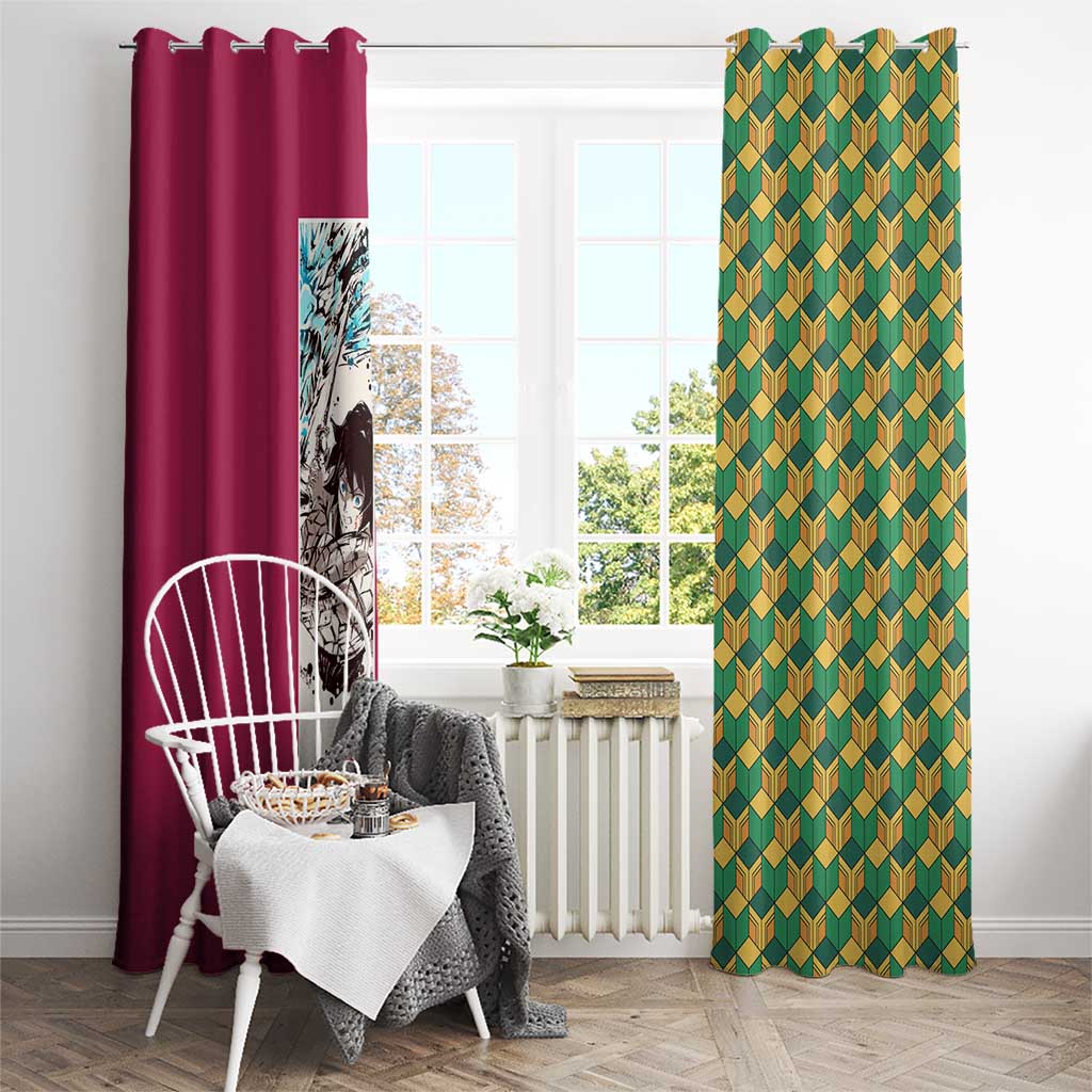 Giyu Tomioka Demon Slayer Window Curtain with Red Green Geometric Pattern and Water Breathing Anime Design - The Mazicc