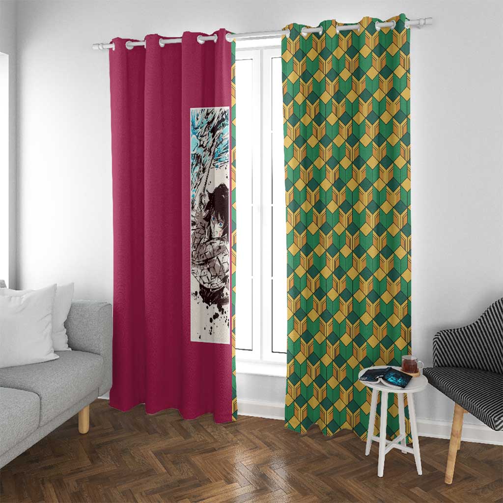Giyu Tomioka Demon Slayer Window Curtain with Red Green Geometric Pattern and Water Breathing Anime Design - The Mazicc