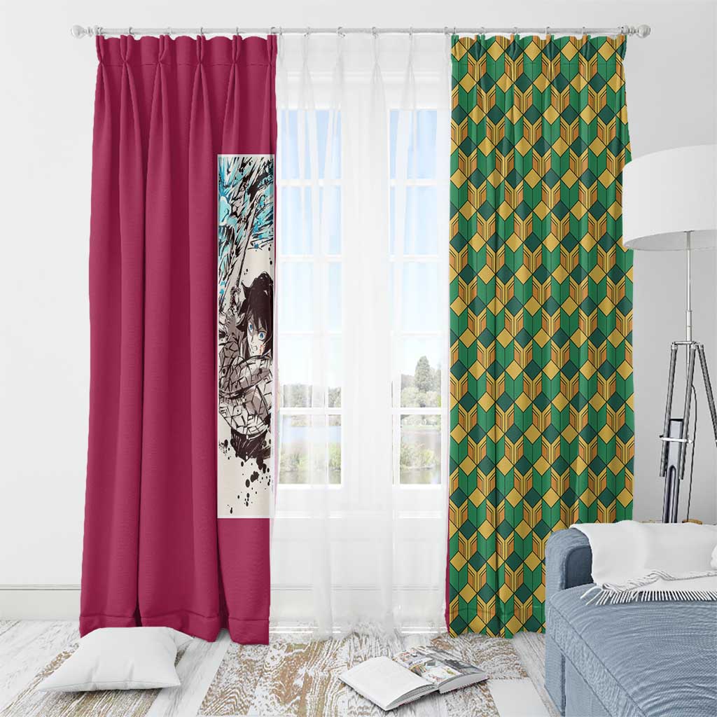 Giyu Tomioka Demon Slayer Window Curtain with Red Green Geometric Pattern and Water Breathing Anime Design - The Mazicc
