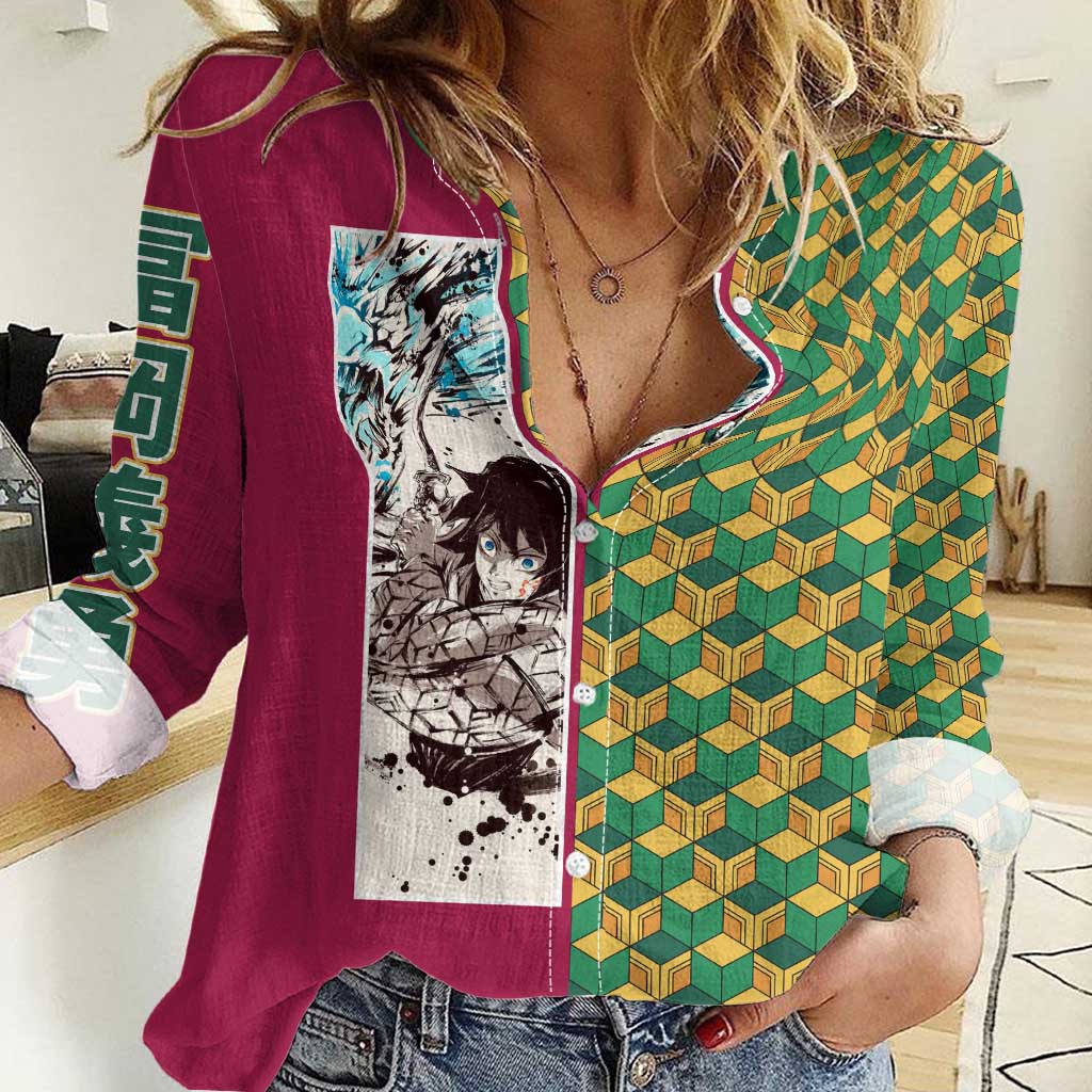 Giyu Tomioka Demon Slayer Women Casual Shirt with Red Green Geometric Pattern and Water Breathing Anime Design - The Mazicc