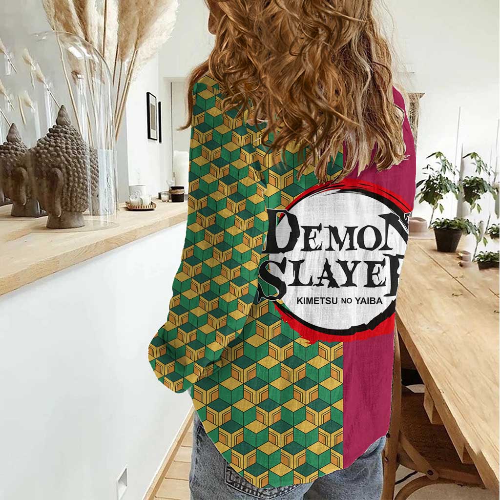 Giyu Tomioka Demon Slayer Women Casual Shirt with Red Green Geometric Pattern and Water Breathing Anime Design - The Mazicc