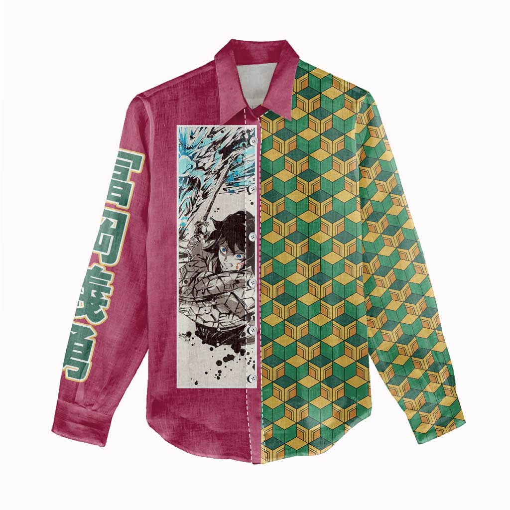 Giyu Tomioka Demon Slayer Women Casual Shirt with Red Green Geometric Pattern and Water Breathing Anime Design - The Mazicc