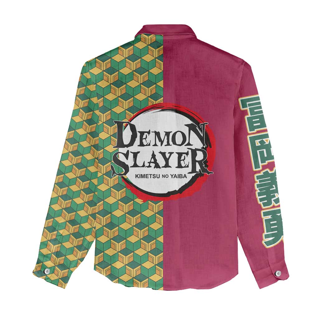 Giyu Tomioka Demon Slayer Women Casual Shirt with Red Green Geometric Pattern and Water Breathing Anime Design - The Mazicc