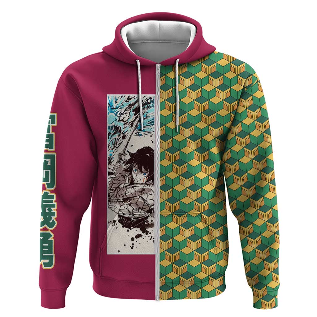 Giyu Tomioka Demon Slayer Zip Hoodie with Red Green Geometric Pattern and Water Breathing Anime Design - The Mazicc