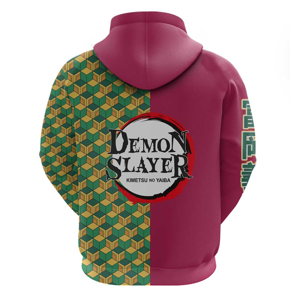Giyu Tomioka Demon Slayer Zip Hoodie with Red Green Geometric Pattern and Water Breathing Anime Design - The Mazicc