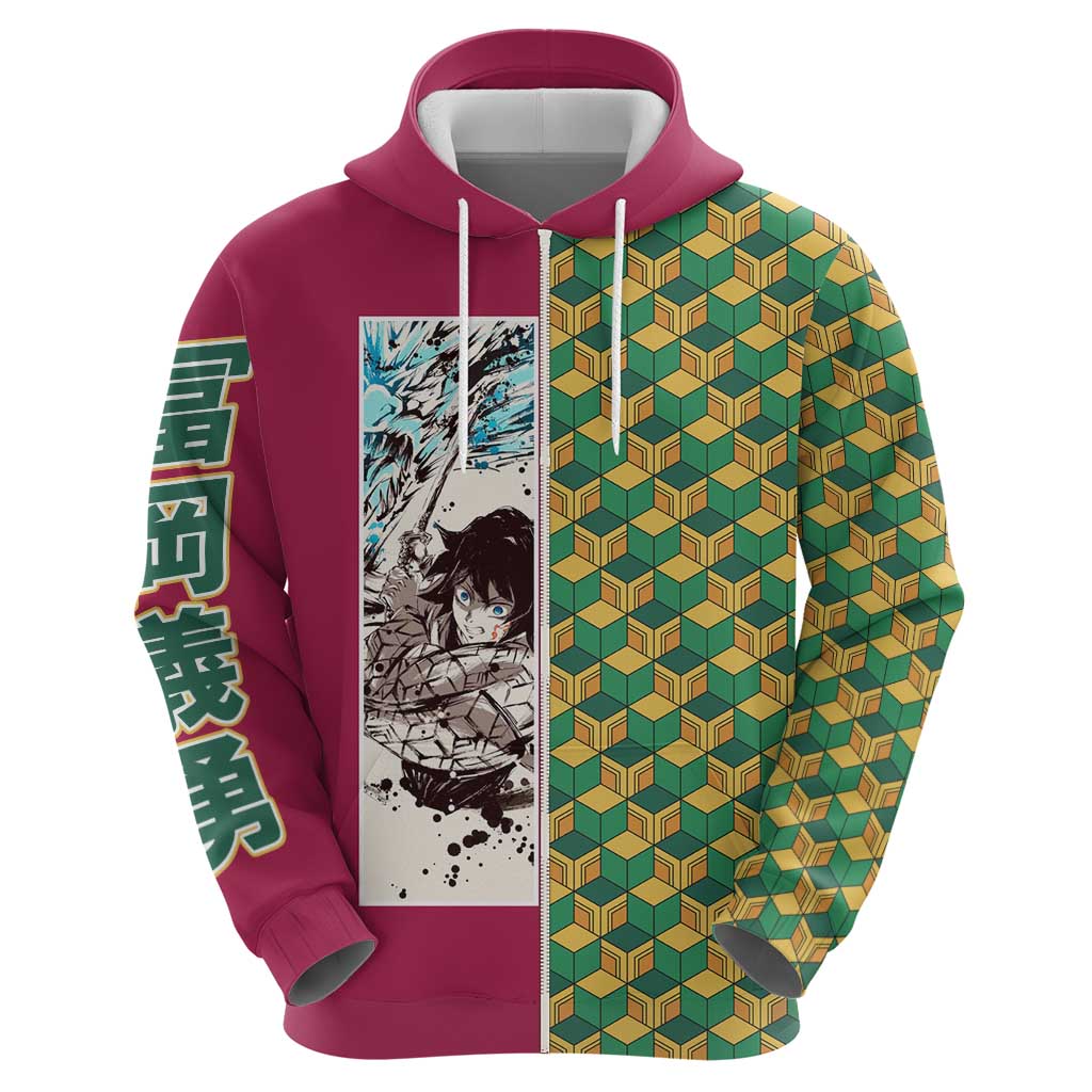 Giyu Tomioka Demon Slayer Zip Hoodie with Red Green Geometric Pattern and Water Breathing Anime Design - The Mazicc