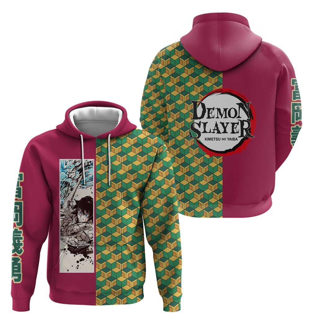Giyu Tomioka Demon Slayer Zip Hoodie with Red Green Geometric Pattern and Water Breathing Anime Design - The Mazicc