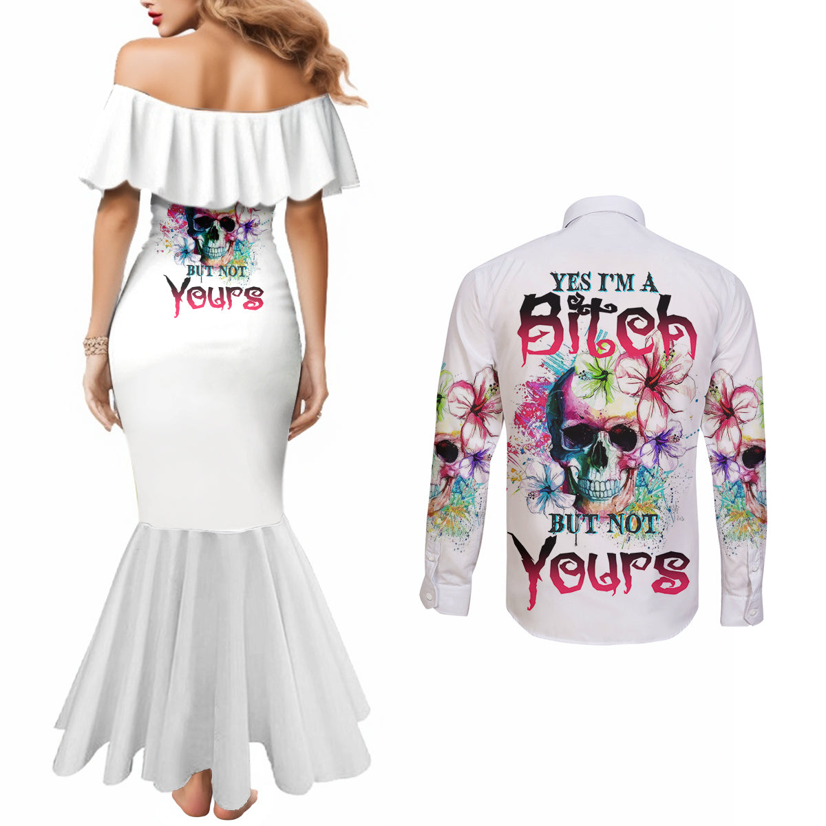 yes-im-a-b-but-not-yours-couples-matching-mermaid-dress-and-long-sleeve-button-shirt