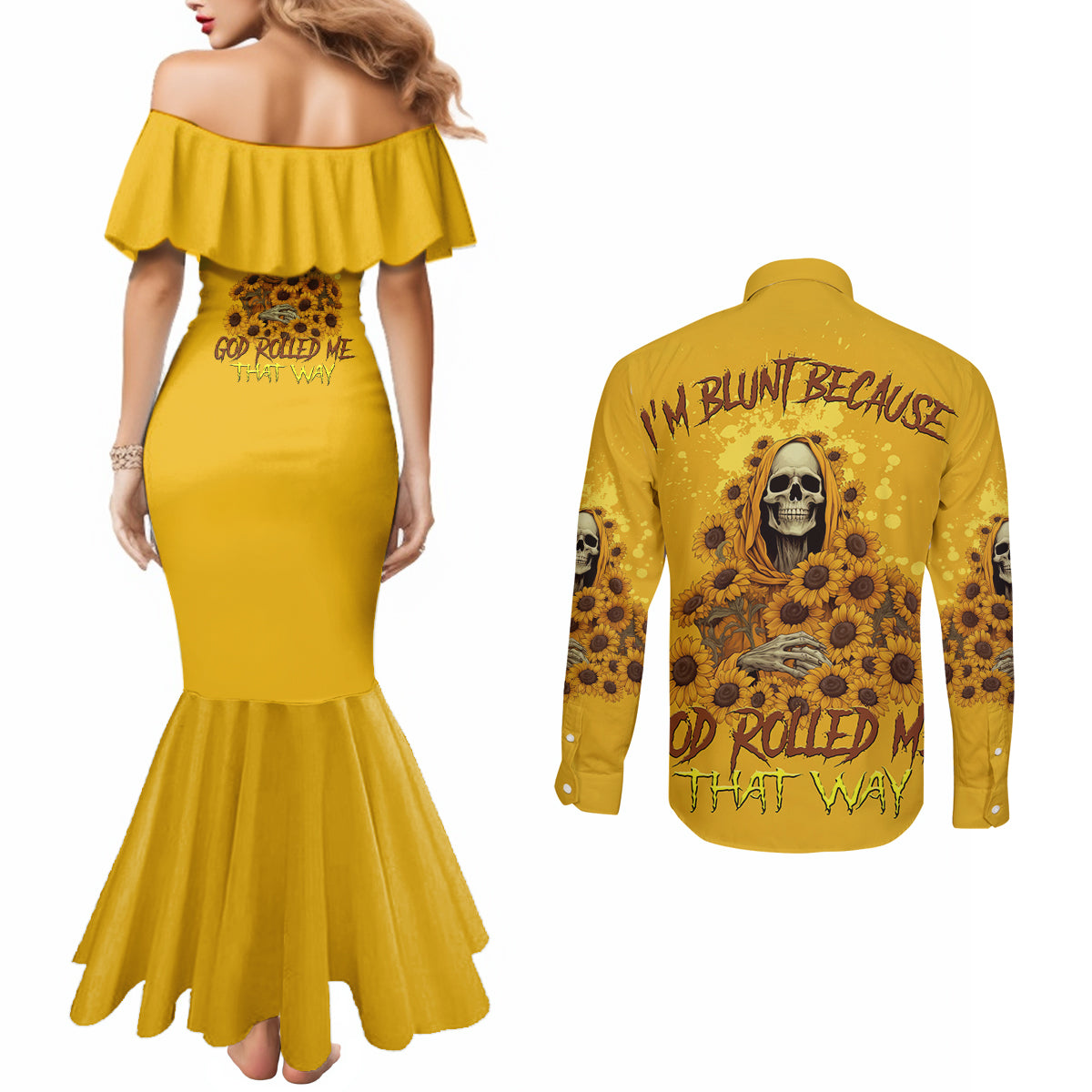 im-blunt-because-god-rolled-me-sunflower-reaper-couples-matching-mermaid-dress-and-long-sleeve-button-shirt