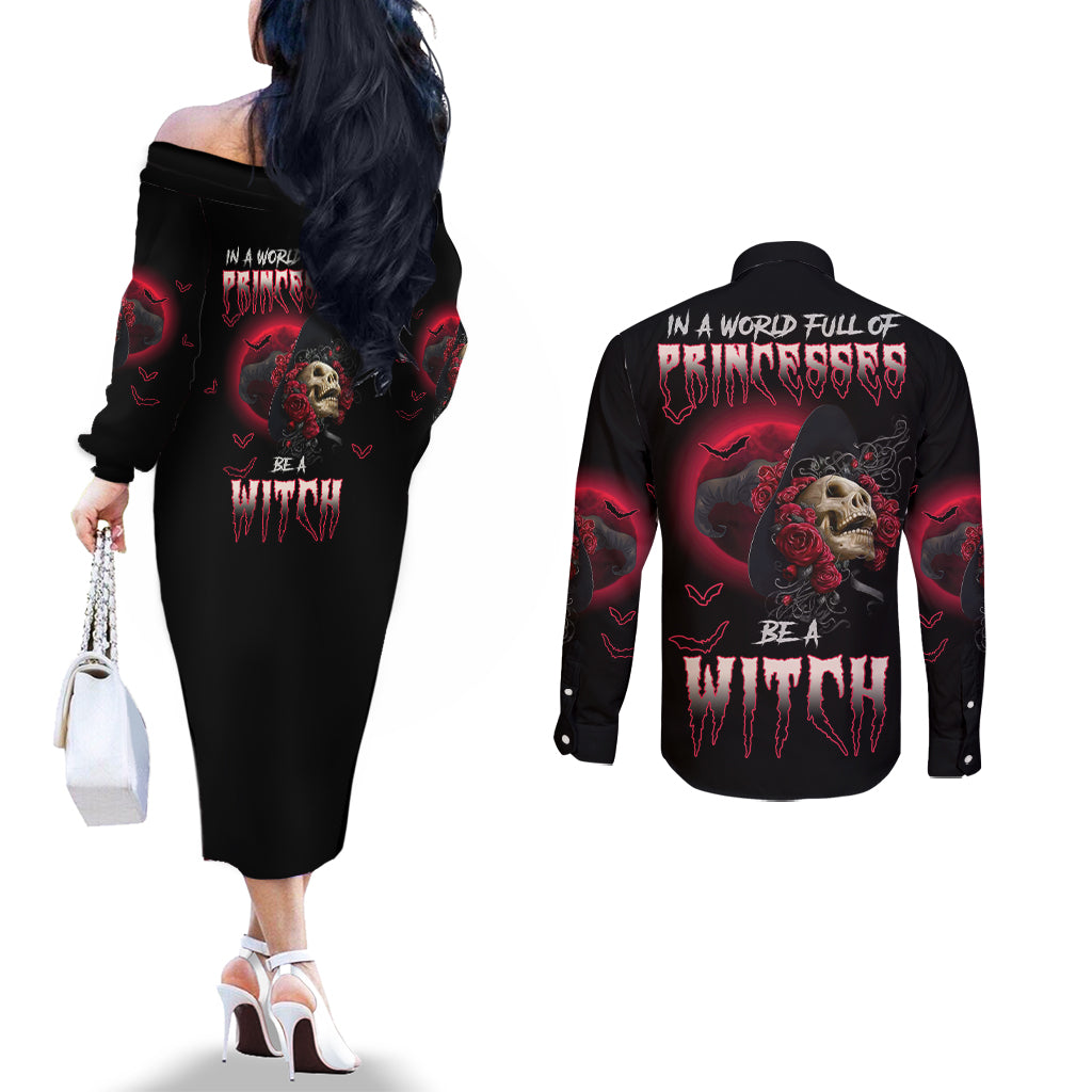 in-a-world-full-of-princesses-be-a-witch-rose-skull-couples-matching-off-the-shoulder-long-sleeve-dress-and-long-sleeve-button-shirt