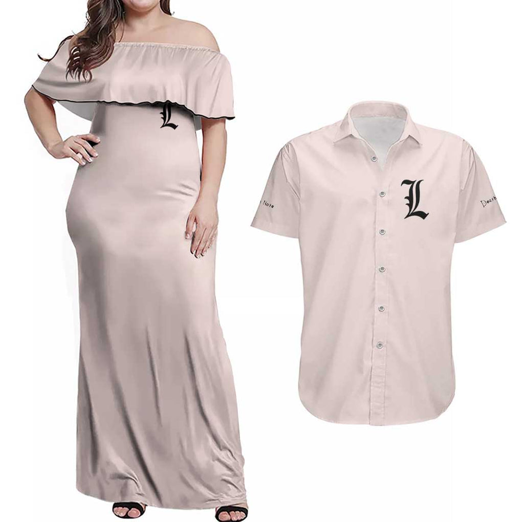 L Death Note Couples Matching Off Shoulder Maxi Dress and Hawaiian Shirt Anime Style