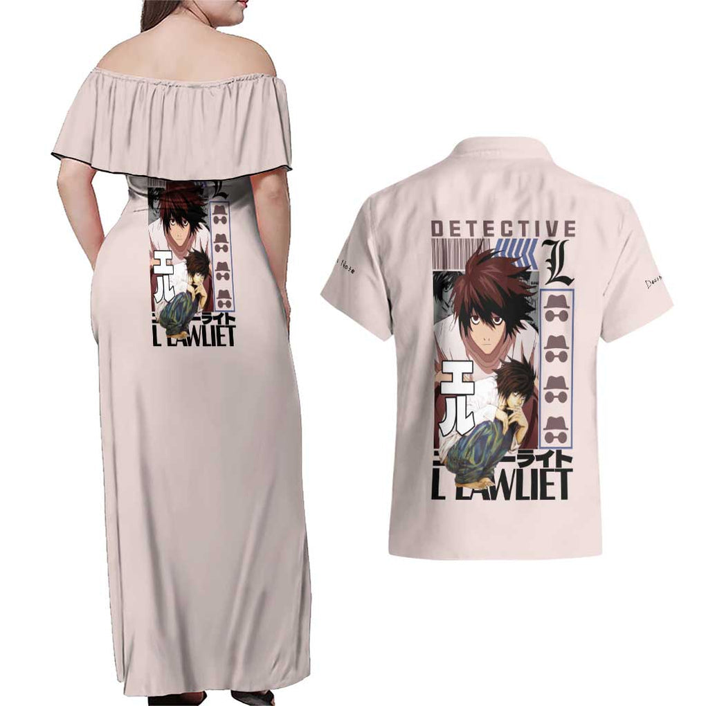 L Death Note Couples Matching Off Shoulder Maxi Dress and Hawaiian Shirt Anime Style