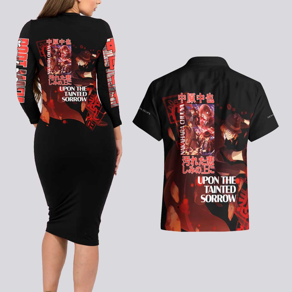 Nakahara Chuuya Bungou Stray Dogs Couples Matching Long Sleeve Bodycon Dress and Hawaiian Shirt Anime Style