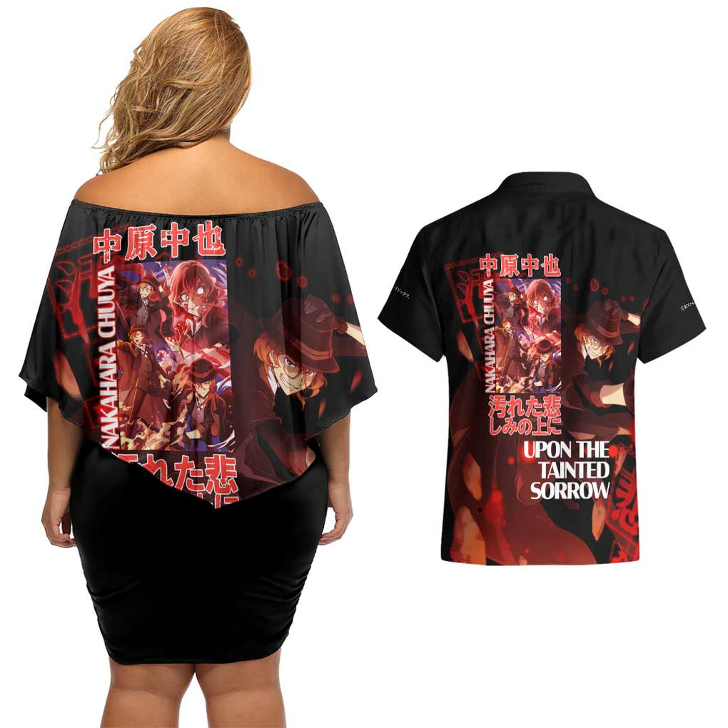 Nakahara Chuuya Bungou Stray Dogs Couples Matching Off Shoulder Short Dress and Hawaiian Shirt Anime Style
