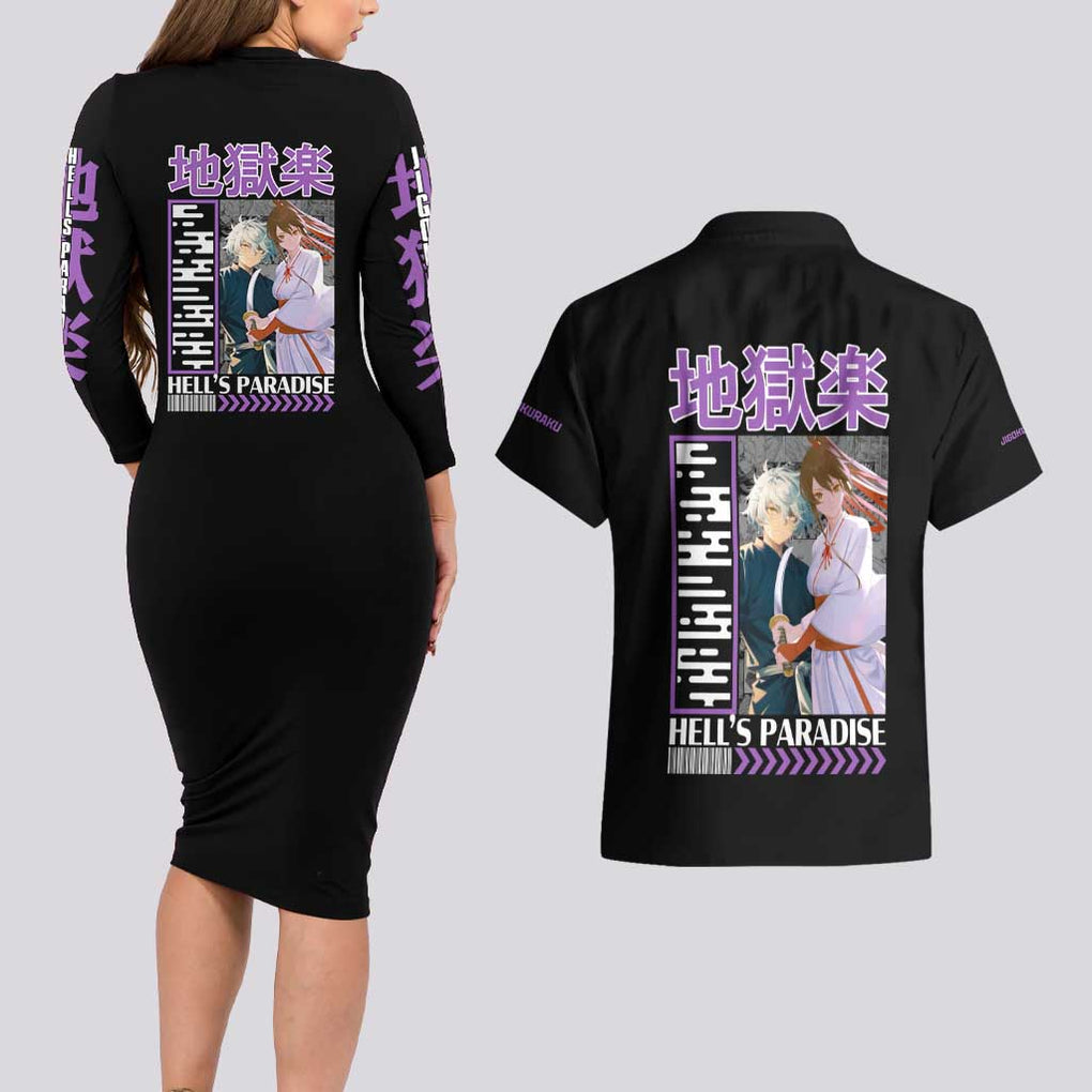 Jigokuraku Hell’s Paradise Couples Matching Long Sleeve Bodycon Dress and Hawaiian Shirt Anime Style