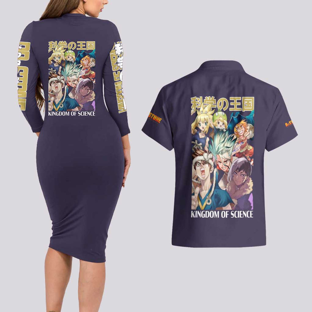Kingdom of Science Dr. Stone Couples Matching Long Sleeve Bodycon Dress and Hawaiian Shirt Anime Style