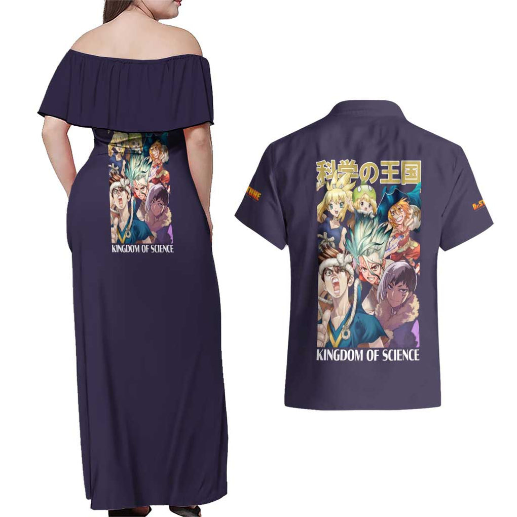 Kingdom of Science Dr. Stone Couples Matching Off Shoulder Maxi Dress and Hawaiian Shirt Anime Style