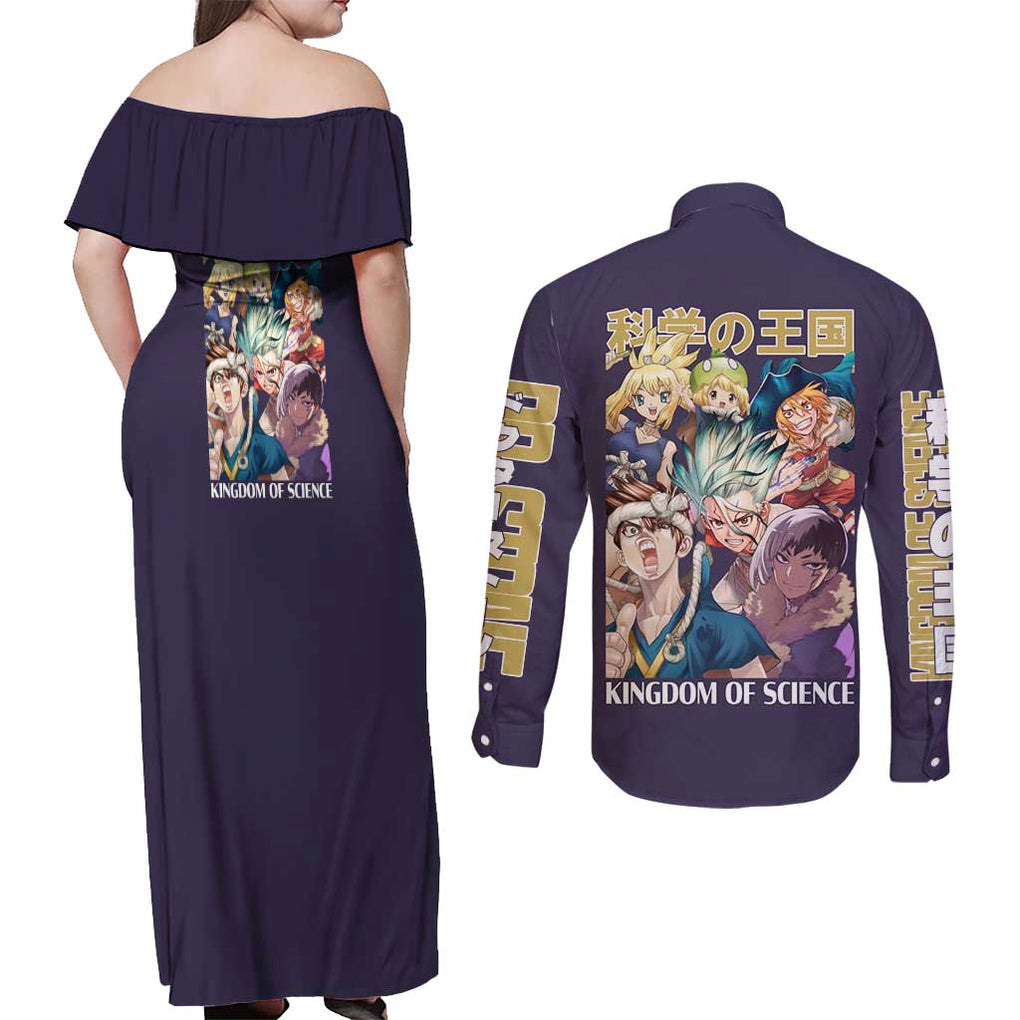 Kingdom of Science Dr. Stone Couples Matching Off Shoulder Maxi Dress and Long Sleeve Button Shirt Anime Style