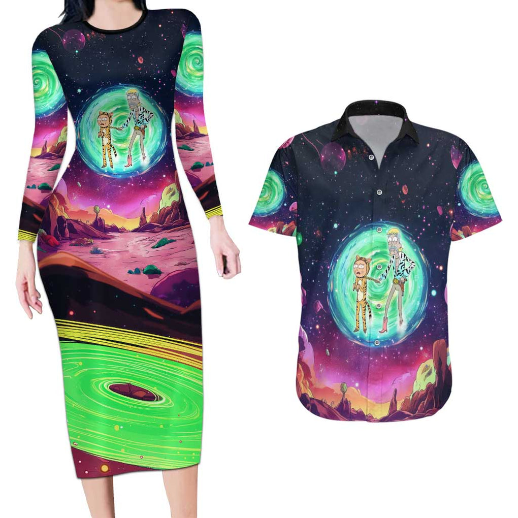 Rick and Morty Tiger King Couples Matching Long Sleeve Bodycon Dress and Hawaiian Shirt Trippy Style