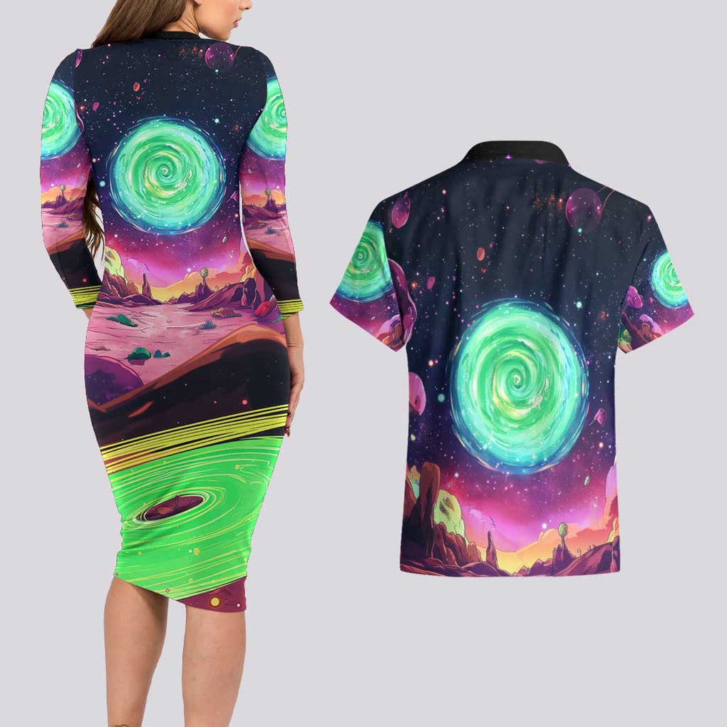 Rick and Morty Tiger King Couples Matching Long Sleeve Bodycon Dress and Hawaiian Shirt Trippy Style