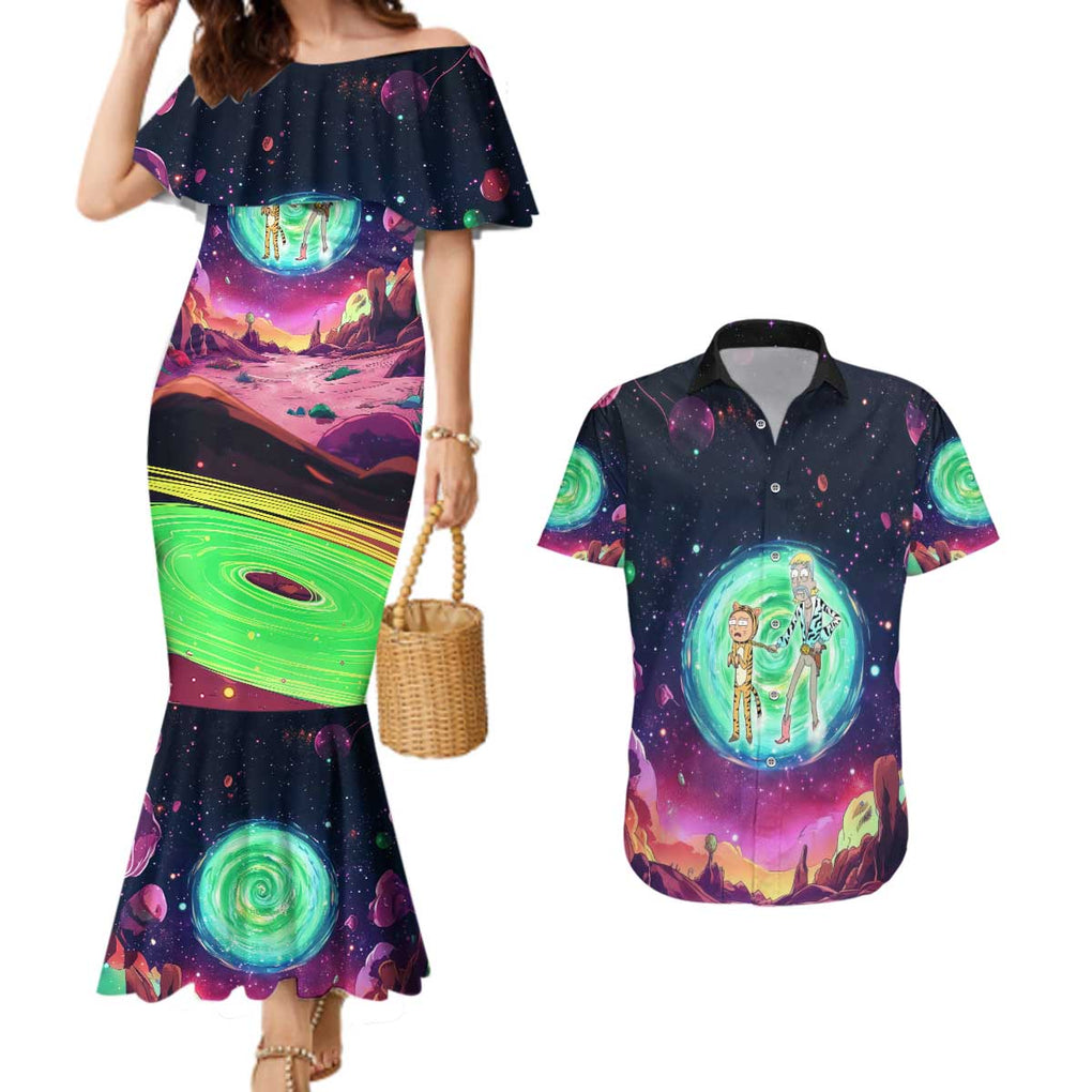 Rick and Morty Tiger King Couples Matching Mermaid Dress and Hawaiian Shirt Trippy Style