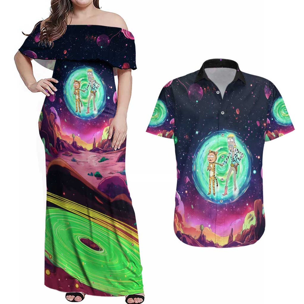 Rick and Morty Tiger King Couples Matching Off Shoulder Maxi Dress and Hawaiian Shirt Trippy Style