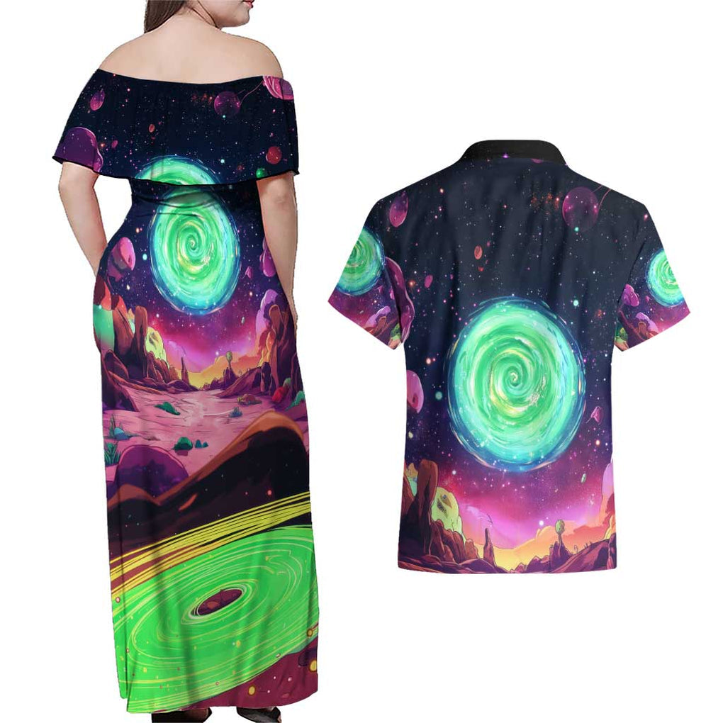 Rick and Morty Tiger King Couples Matching Off Shoulder Maxi Dress and Hawaiian Shirt Trippy Style