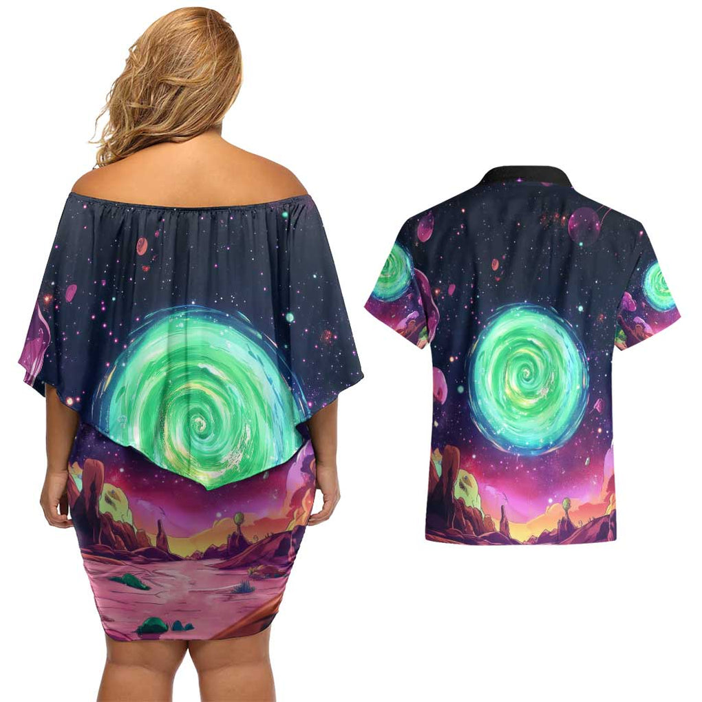 Rick and Morty Tiger King Couples Matching Off Shoulder Short Dress and Hawaiian Shirt Trippy Style