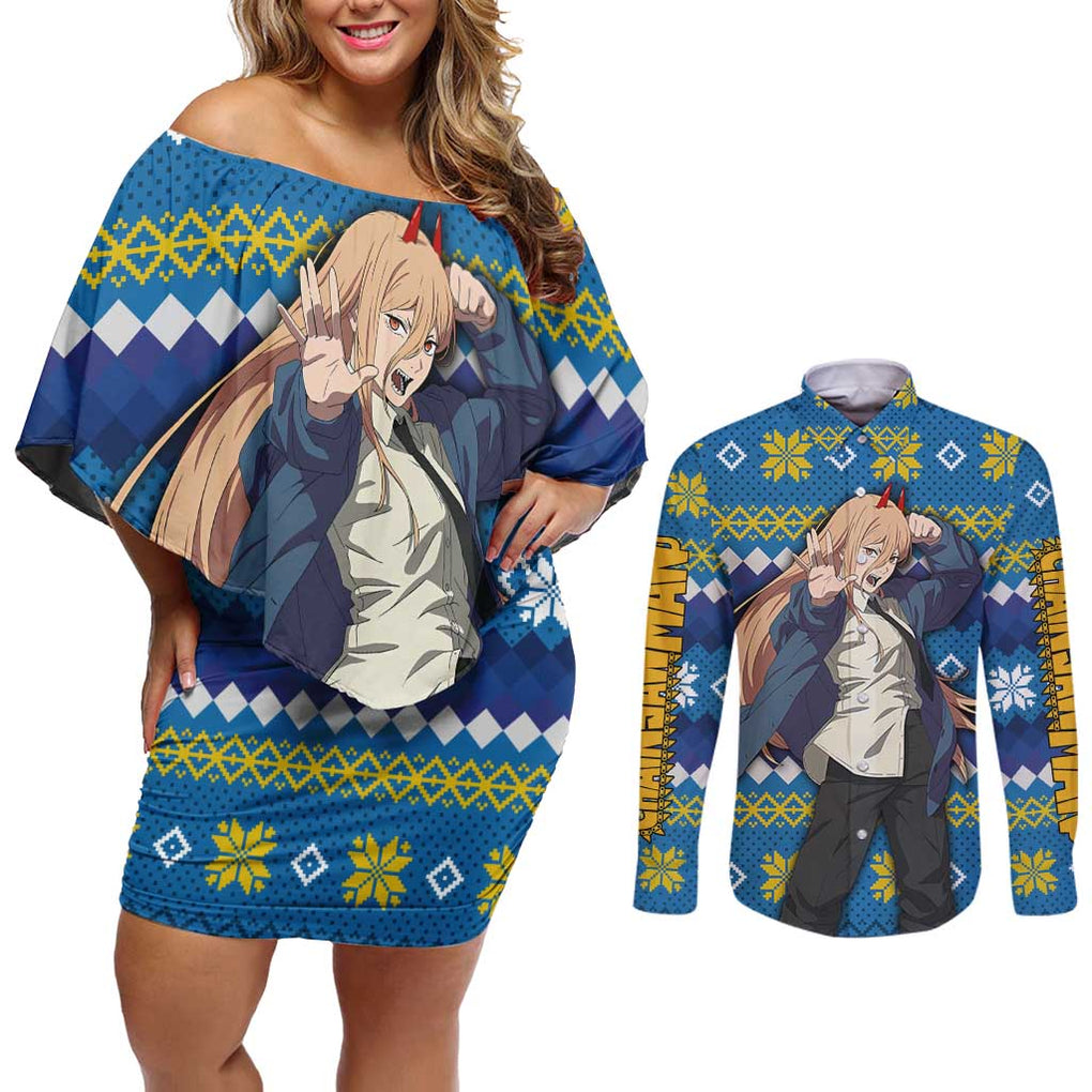 Power - Chainsaw Man Couples Matching Off Shoulder Short Dress and Long Sleeve Button Shirt Anime Mix Christmas Style