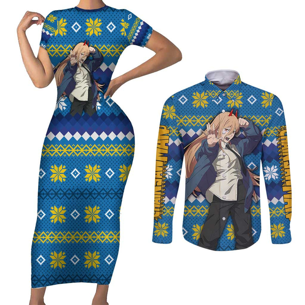 Power - Chainsaw Man Couples Matching Short Sleeve Bodycon Dress and Long Sleeve Button Shirt Anime Mix Christmas Style