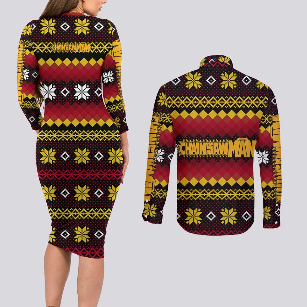 Makima - Chainsaw Man Couples Matching Long Sleeve Bodycon Dress and Long Sleeve Button Shirt Anime Mix Christmas Style