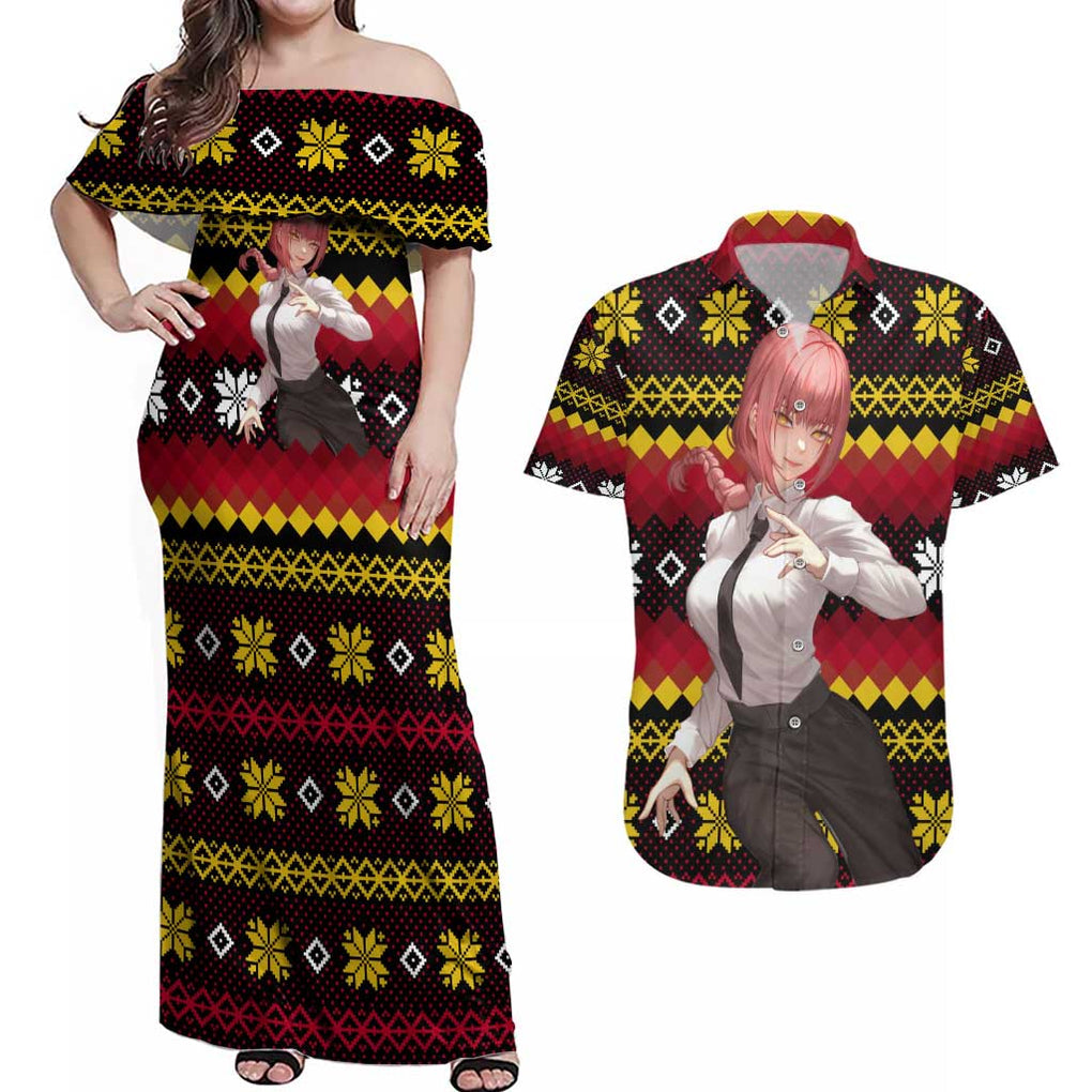 Makima - Chainsaw Man Couples Matching Off Shoulder Maxi Dress and Hawaiian Shirt Anime Mix Christmas Style