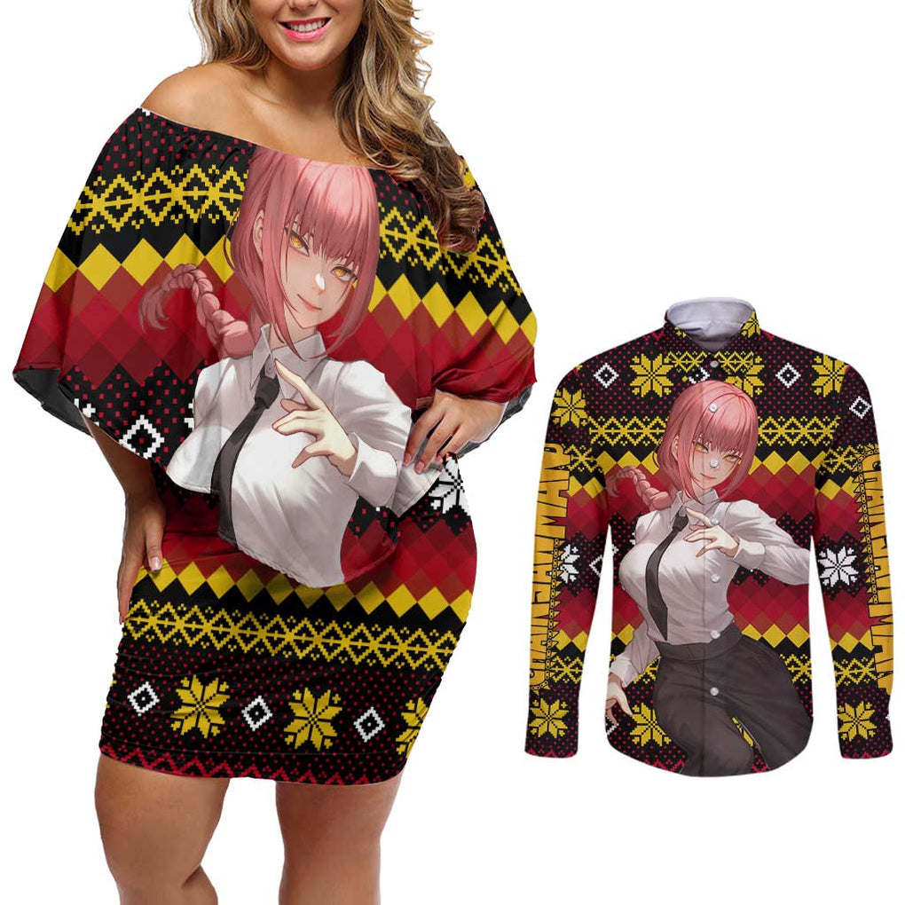 Makima - Chainsaw Man Couples Matching Off Shoulder Short Dress and Long Sleeve Button Shirt Anime Mix Christmas Style