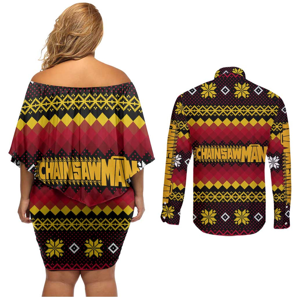 Makima - Chainsaw Man Couples Matching Off Shoulder Short Dress and Long Sleeve Button Shirt Anime Mix Christmas Style