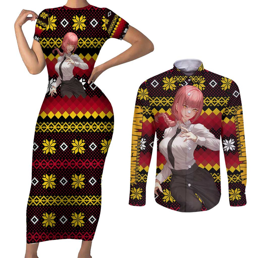 Makima - Chainsaw Man Couples Matching Short Sleeve Bodycon Dress and Long Sleeve Button Shirt Anime Mix Christmas Style