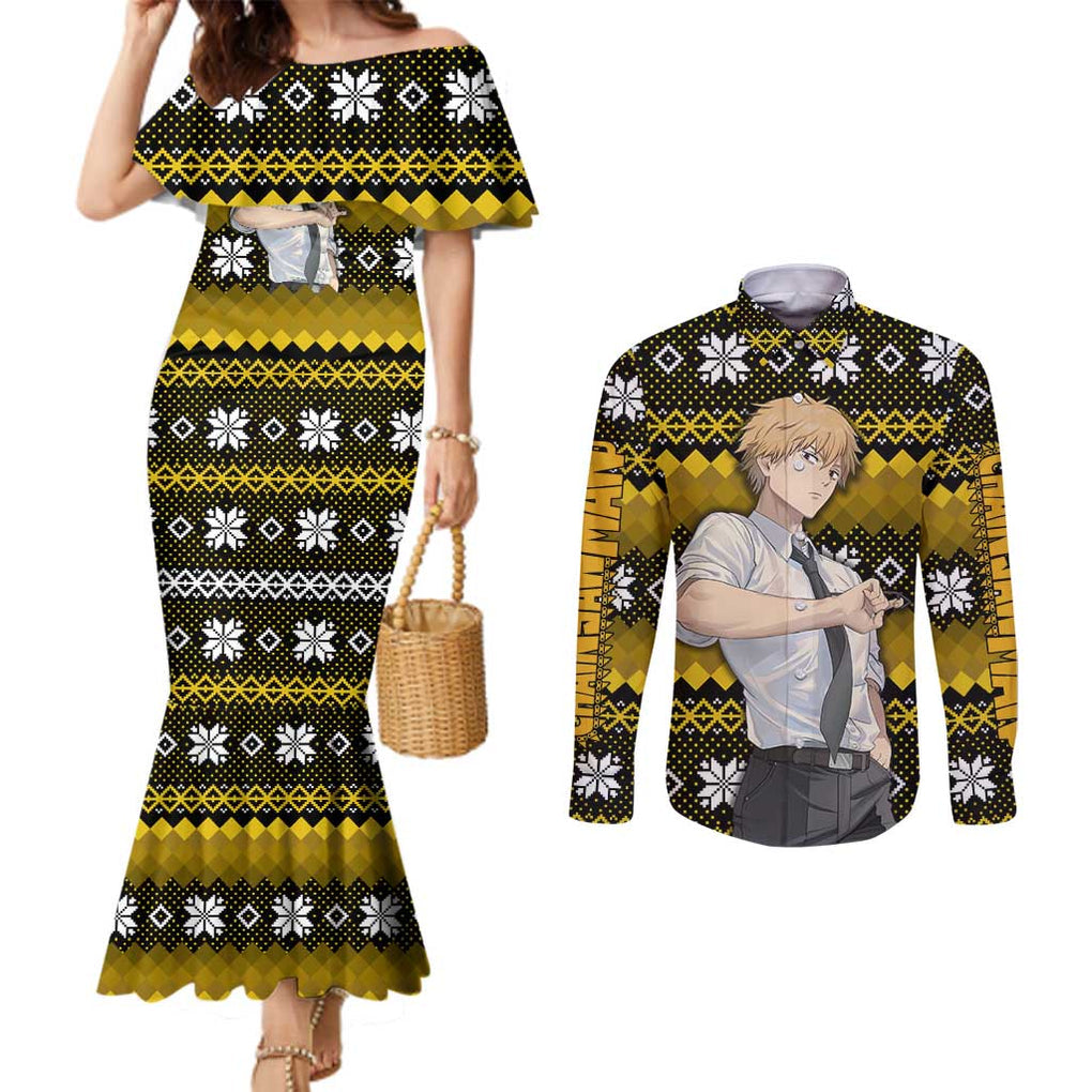Denji - Chainsaw Man Couples Matching Mermaid Dress and Long Sleeve Button Shirt Anime Mix Christmas Style