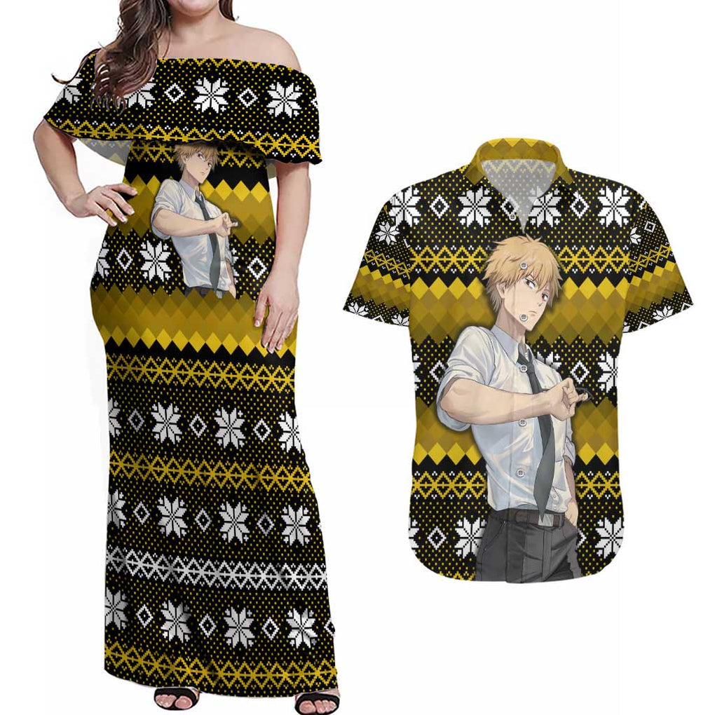 Denji - Chainsaw Man Couples Matching Off Shoulder Maxi Dress and Hawaiian Shirt Anime Mix Christmas Style