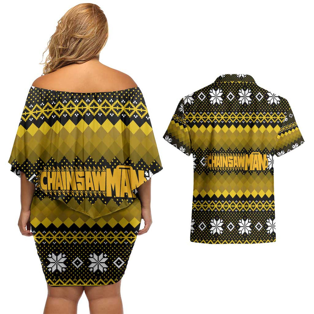 Denji - Chainsaw Man Couples Matching Off Shoulder Short Dress and Hawaiian Shirt Anime Mix Christmas Style