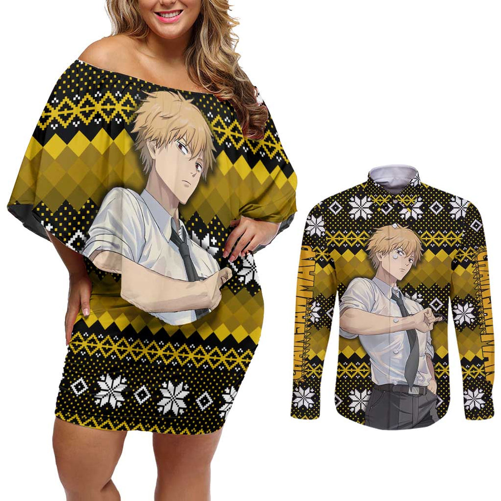 Denji - Chainsaw Man Couples Matching Off Shoulder Short Dress and Long Sleeve Button Shirt Anime Mix Christmas Style