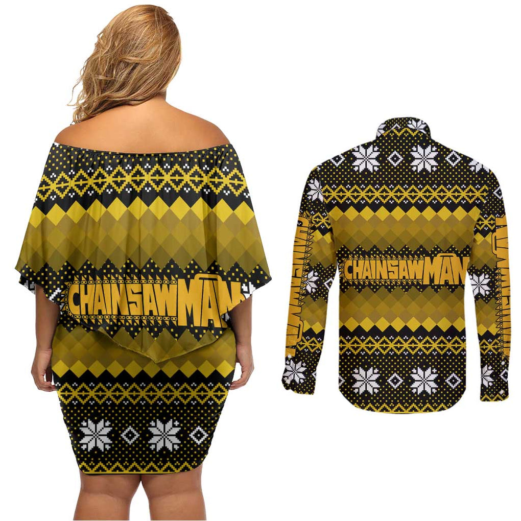 Denji - Chainsaw Man Couples Matching Off Shoulder Short Dress and Long Sleeve Button Shirt Anime Mix Christmas Style