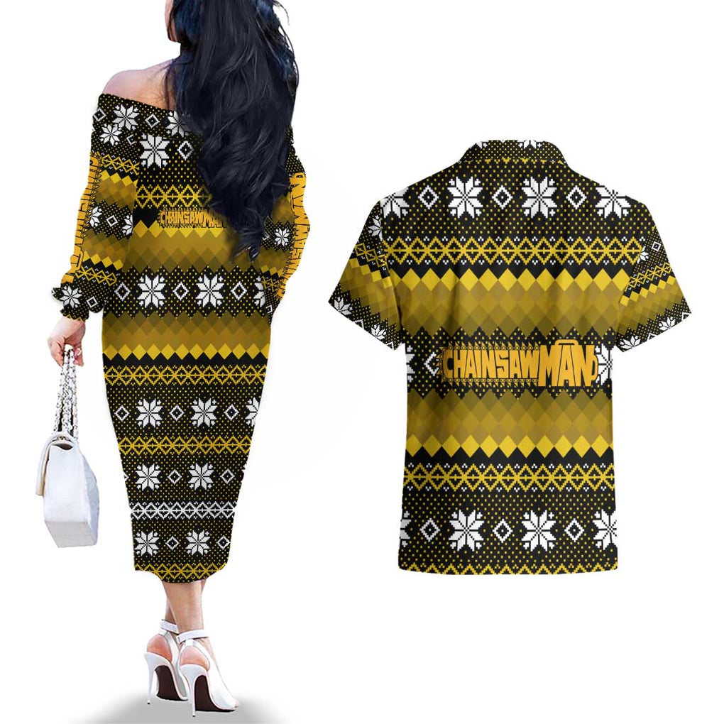 Denji - Chainsaw Man Couples Matching Off The Shoulder Long Sleeve Dress and Hawaiian Shirt Anime Mix Christmas Style