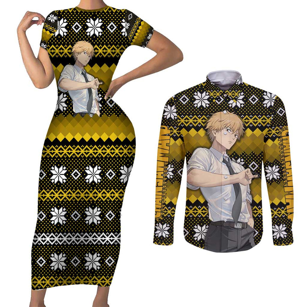 Denji - Chainsaw Man Couples Matching Short Sleeve Bodycon Dress and Long Sleeve Button Shirt Anime Mix Christmas Style