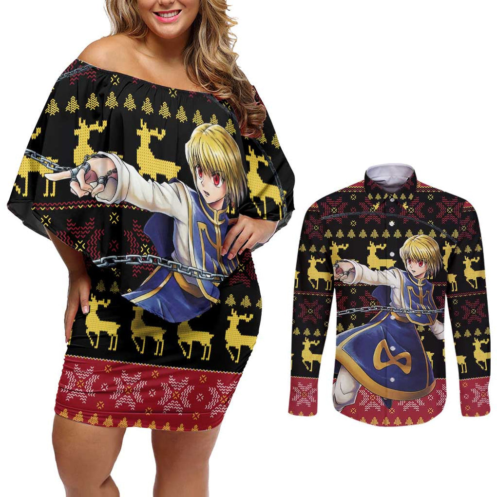 Kurapika - Hunter X Hunter Couples Matching Off Shoulder Short Dress and Long Sleeve Button Shirt Anime Mix Christmas Style