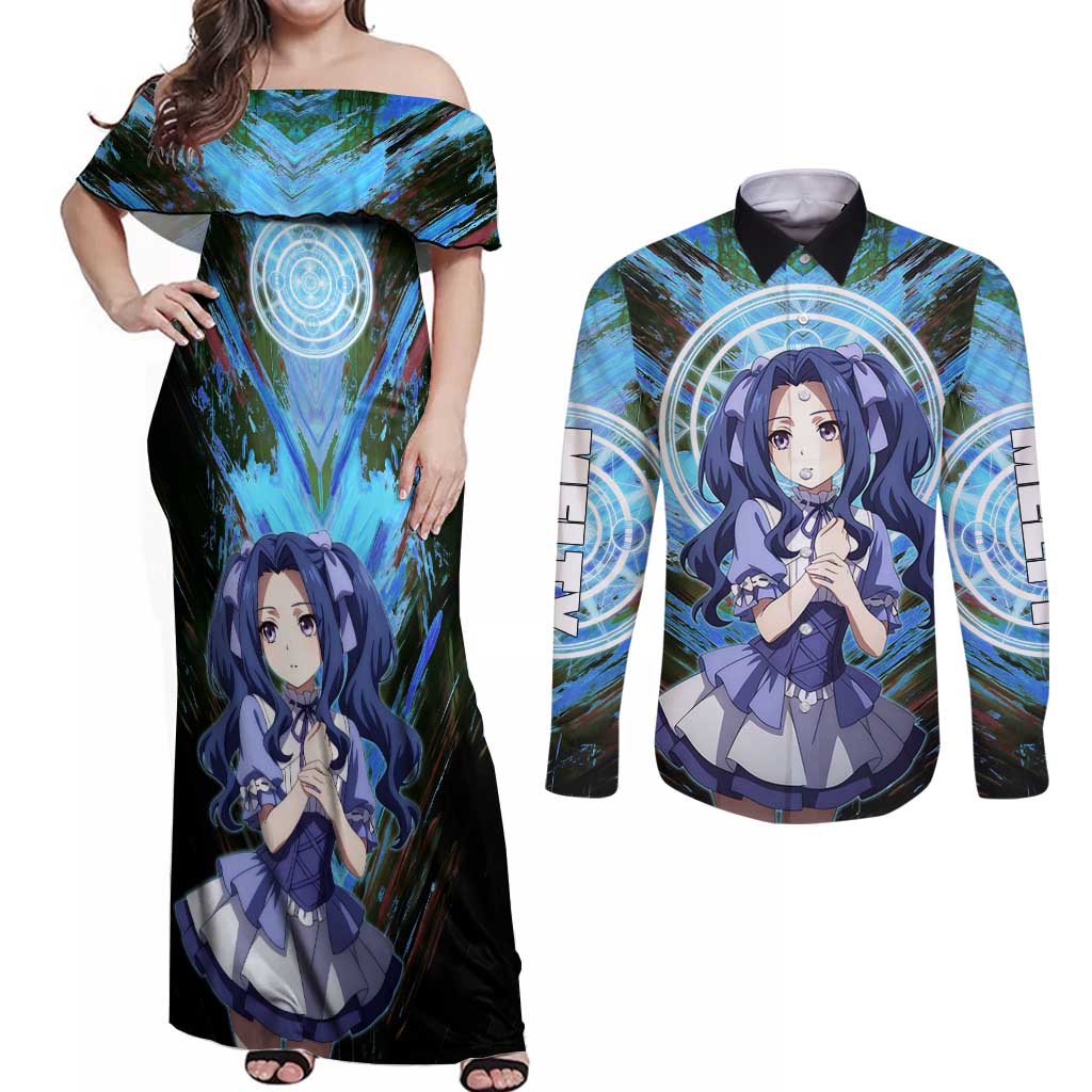 Melty Q Melromarc The Rising of the Shield Hero Couples Matching Off Shoulder Maxi Dress and Long Sleeve Button Shirt with Royal Attire and Magical Circle Background - The Mazicc