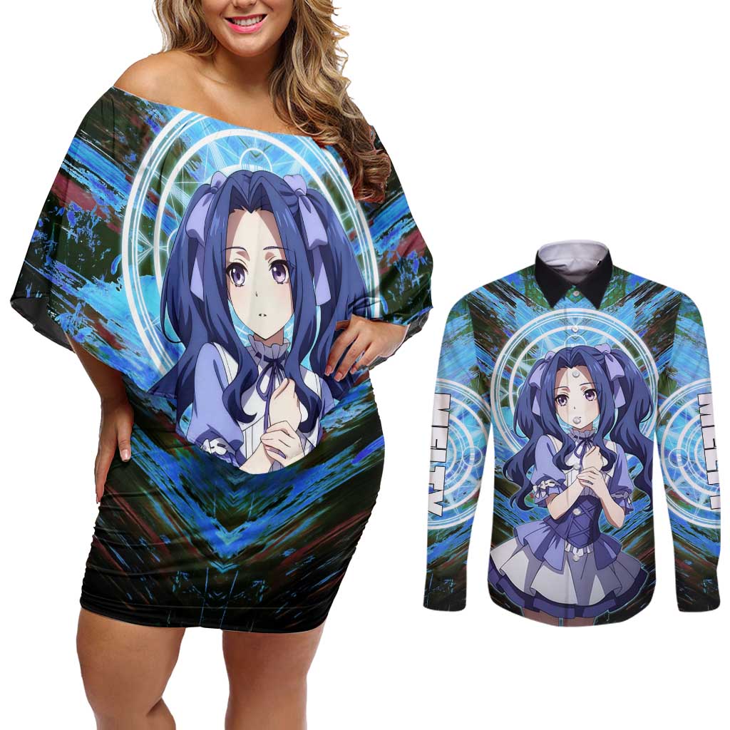 Melty Q Melromarc The Rising of the Shield Hero Couples Matching Off Shoulder Short Dress and Long Sleeve Button Shirt with Royal Attire and Magical Circle Background - The Mazicc