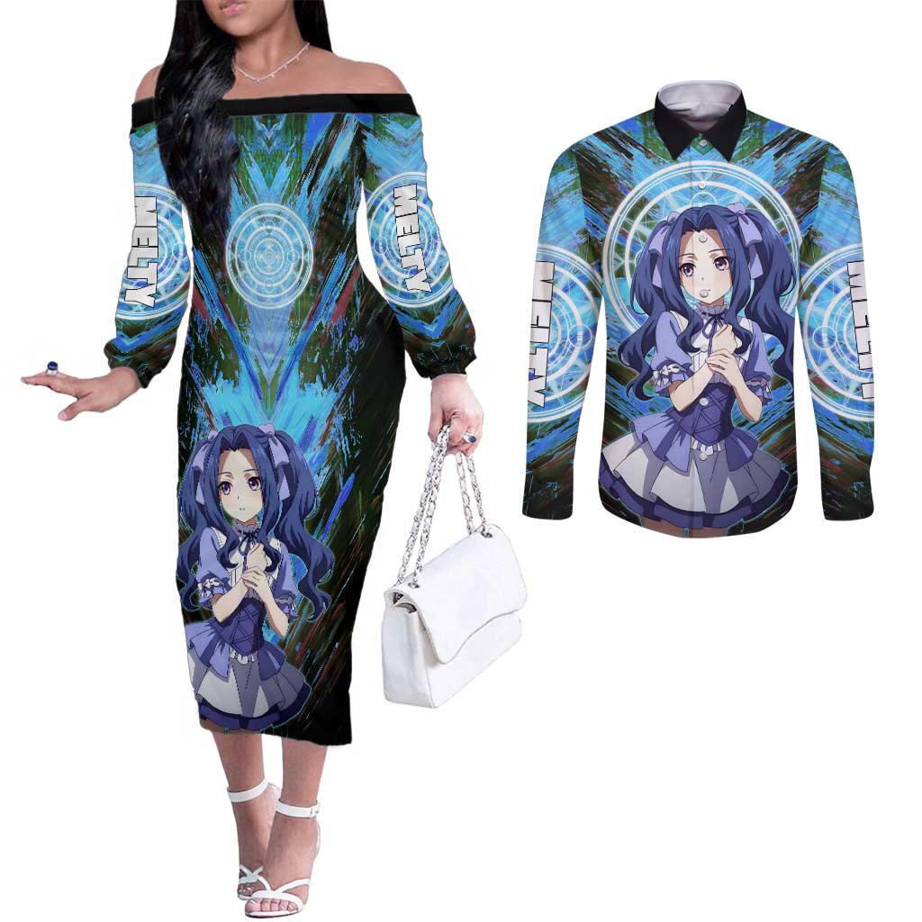 Melty Q Melromarc The Rising of the Shield Hero Couples Matching Off The Shoulder Long Sleeve Dress and Long Sleeve Button Shirt with Royal Attire and Magical Circle Background - The Mazicc
