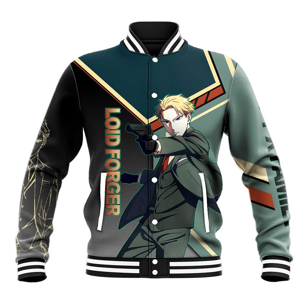 Loid Forger Spy x Family Green and Black Theme Baseball Jacket with Gun Pose and Sharp Agent Style Design - The Mazicc