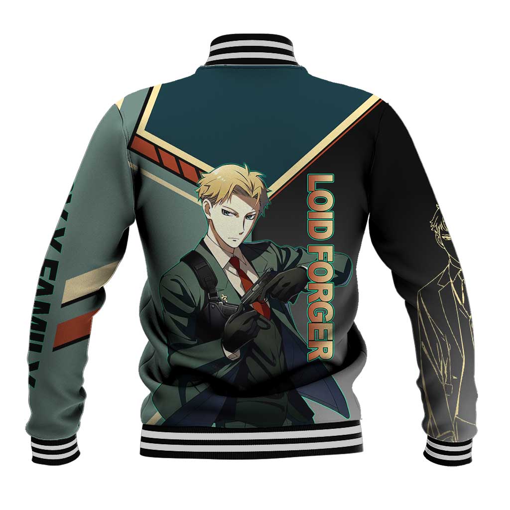 Loid Forger Spy x Family Green and Black Theme Baseball Jacket with Gun Pose and Sharp Agent Style Design - The Mazicc